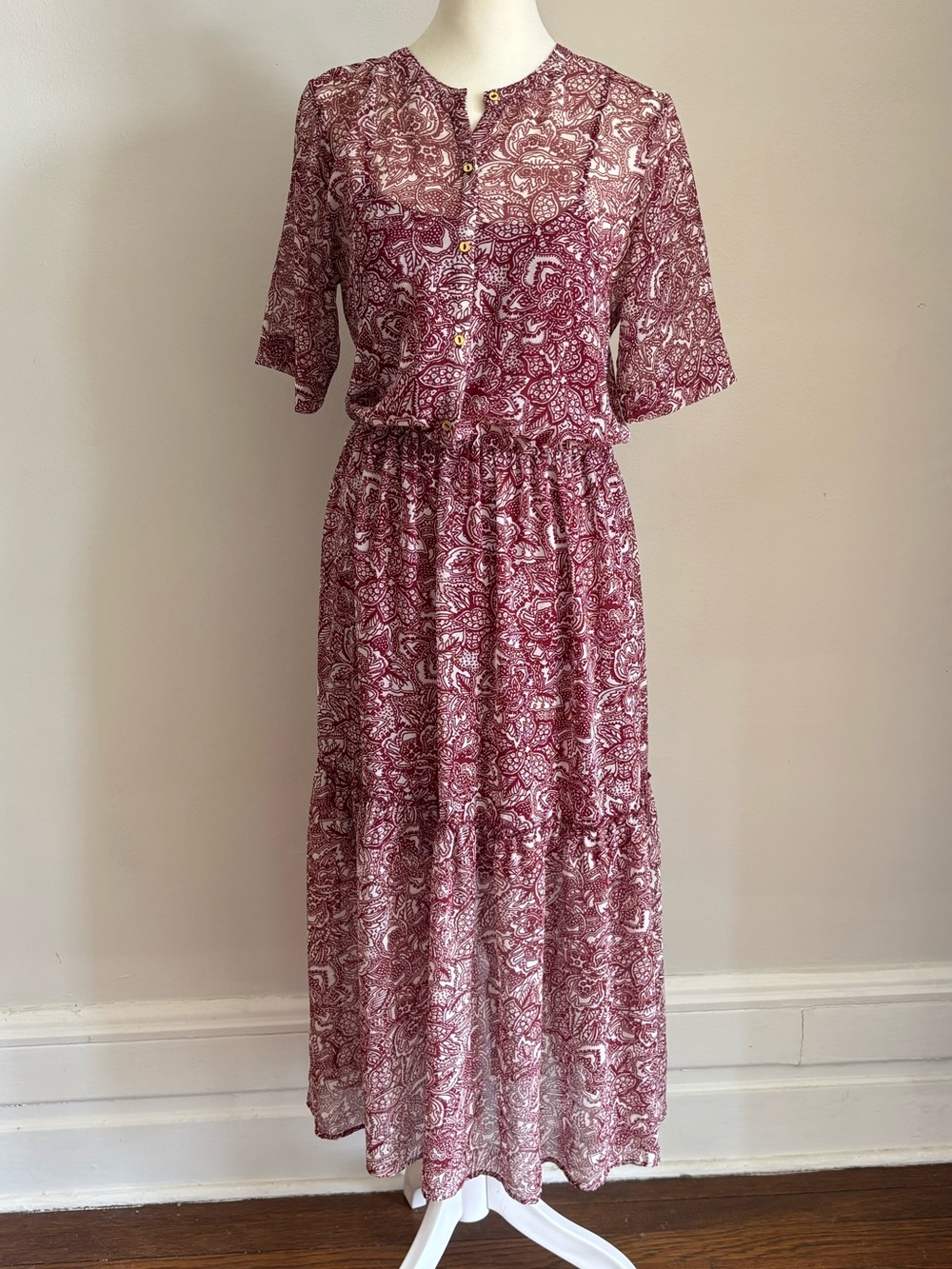 Who What Wear Burgundy Paisley Button-Front Maxi Dress